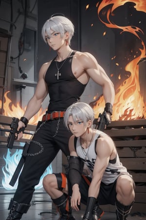 intricate detail, two young Japansehandsome males with black half tanktop and short underware, boots, chains,  holding guns, fighting, blue eyes, handsome, earrings, silver hair, earrings, big blue flame, big orange flame, 