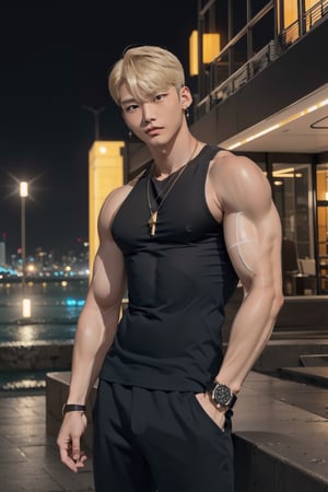 intricate detail, 18 year old, young handsome asian male wearing black tanktop,  kpop,ikemen, blue eyes, handsome, earrings, gold necklace, luxuary golden omega watch,  blond hair, big muscle, physique, fitness model, wealthy, billionair,  standing, in front of private yatch, dubai night background