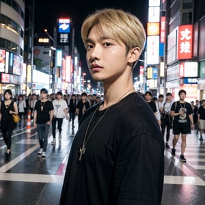 masterpiece, realistic, top quality, super cool young asian super handsome male with short blond hair, from side, kpop idol, music video, Instagram, stylish and fashionable clothes, necklace, black t shirt, tokyo background, ginza, cool atmosphere, good lighting and reflexion, realistic skin, 