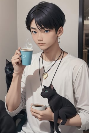 masterpiece, top quality, intricate detail, a young asian hansome male, 18 year old, short fashionable beautiful rainbow color hair, blue eyes, necklace, earrings, slim muscle, smooth skin, realistic skin, with holding a black cat, holding a paper coffee cup with pink heart logo, valentine's day