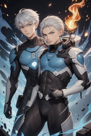 intricate detail, two young Japansehandsome males with combat suits and holding guns, fighting, blue eyes, handsome, earrings, silver hair, earrings, big blue flame, big orange flame,