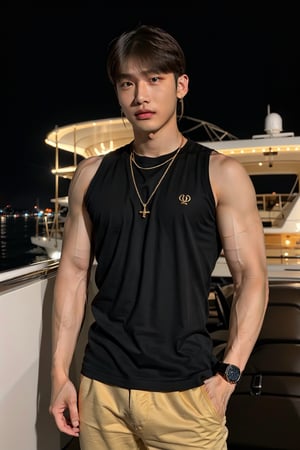 intricate detail, 18 year old, young handsome asian male wearing black tanktop,  kpop,ikemen, blue eyes, handsome, earrings, gold necklace, luxuary golden omega watch,  blond hair, big muscle, physique, fitness model, wealthy, billionair,  standing,  luxuary yacht,  dubai night background