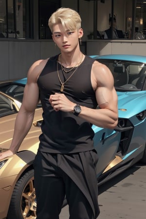 intricate detail, 18 year old, young handsome asian male wearing black tanktop, kpop,ikemen, blue eyes, handsome, earrings, gold necklace, luxuary golden omega watch,  blond hair, big muscle, physique, fitness model, wealthy, standing along with young beautiful asian lady with gorgeous dress and blond hair, in front of glitterinng blue supercar