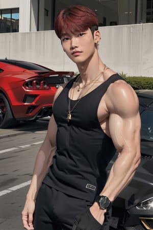 intricate detail, 18 year old, young handsome asian male wearing black tanktop, kpop,ikemen, blue eyes, handsome, earrings, gold necklace, luxuary gold omega watch,  red hair, muscle, physique, fitness model, wealthy, in front of black supercar