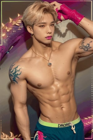 young  handsome male kpop idol with  blond hair, ((large colorful dragon tatoo on his body)), gay, sugar boy, earrings, necklace, cap, fluorescenct neon color boxer shorts written "twinkworld" logo,  makeup like kpop boy idol, putting on red lipstics, shirtles,arm pit pose, dance, dragons decoration background

