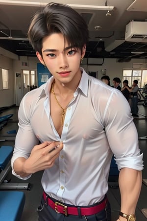  handsome asian boy, 18 year old, kpop,ikemen, dancing, school uniform,  blue eyes, handsome, earrings, gold necklace,  blond hair, slim muscle, physique, fitness model,  close up,ikemen, handsome asian male, kpop,young ikemen, sharp dancing, 
