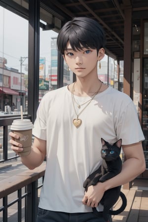 masterpiece, top quality, intricate detail, a young asian hansome male, 18 year old, short fashionable beautiful rainbow color hair, blue eyes, necklace, earrings, slim muscle, smooth skin, realistic skin, with holding a black cat, holding a paper coffee cup with pink heart logo, valentine's day