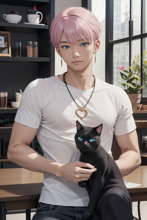 masterpiece, top quality, intricate detail, a young asian hansome male, 18 year old, short fashionable beautiful rainbow color hair, blue eyes, necklace, earrings, slim muscle, smooth skin, realistic skin, with holding a black cat, holding a paper coffee cup with pink heart logo, valentine's day