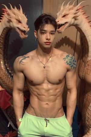 young  handsome male kpop idol with  blond hair, ((large colorful dragon tatoo on his body)), gay, sugar boy, earrings, necklace, cap, fluorescenct neon color boxer shorts written "twinkworld" logo,  makeup like kpop boy idol, putting on red lipstics, shirtles,arm pit pose, dance, moving dragons background

