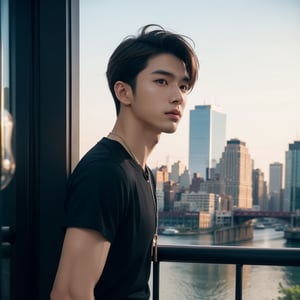 masterpiece, realistic, top quality, super cool young asian super handsome male with short blond hair, from side, kpop idol, music video, Instagram, stylish and fashionable clothes, necklace, black t shirt, nyc background, cool atmosphere,