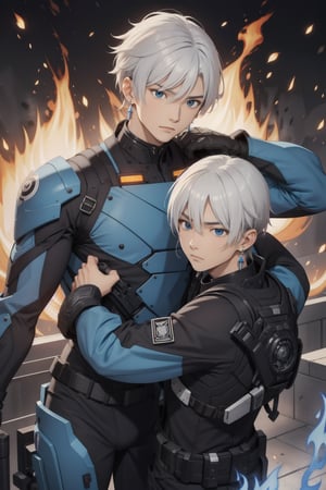 intricate detail, two young Japansehandsome males with combat suits and holding guns, fighting, blue eyes, handsome, earrings, silver hair, earrings, big blue flame, big orange flame,