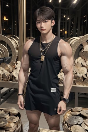 intricate detail, 18 year old, young handsome asian male wearing black tanktop,  kpop,ikemen, blue eyes, handsome, earrings, gold necklace, luxuary golden omega watch,  blond hair, big muscle, physique, fitness model, wealthy, billionair,  standing, surrounded by thousands of gold coins of bitcoin, doing lecture