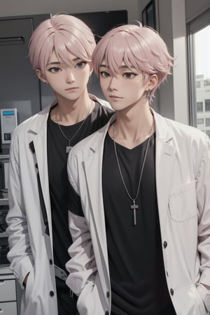 gay male relationship,male face,ikemen, kpop,ikemen, kpop,ikemen, handsome, black t-shirt, necklace, earrings, pink blond hair, white coat, mad scientist, lab