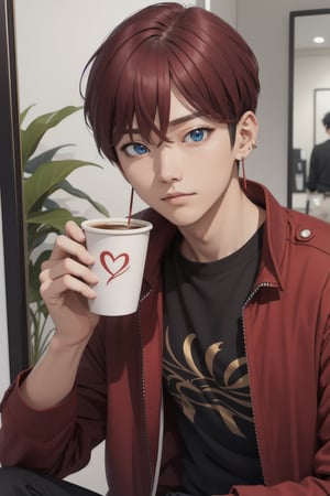 intricate detail, male face,ikemen, kpop, holding a paper coffee cup with heart logos, blue eyes, handsome, earrings, glittering wine red color hair with stylish hair style, selfie, stylish, black jacket and white T-shirt with vivid color design art, earrings, young handsome asian male, vivid color, infront of mirror, realistic skin color, realistic right reflection