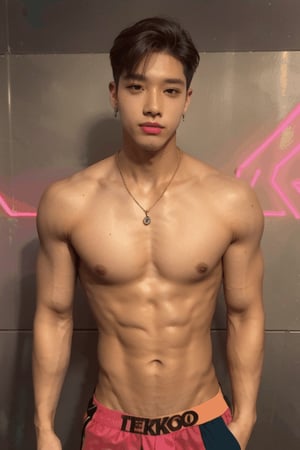 young  handsome male kpop idol with  blond hair, gay, sugar boy, earrings, necklace, cap, fluorescenct neon color boxer shorts written "twinkworld" logo,  makeup like kpop boy idol, putting on red lipstics, shirtles,arm pit pose, dance, large dragon tatoo, gym background

