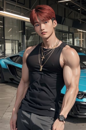 intricate detail, 18 year old, young handsome asian male wearing black tanktop, kpop,ikemen, blue eyes, handsome, earrings, gold necklace, luxuary golden omega watch,  red hair, muscle, physique, fitness model, wealthy, in front of black supercar