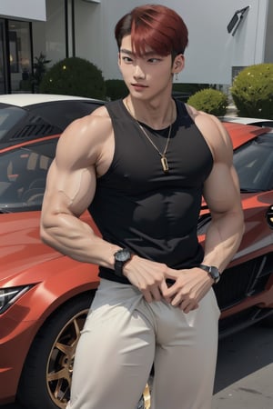 intricate detail, 18 year old, young handsome asian male wearing black tanktop, kpop,ikemen, blue eyes, handsome, earrings, gold necklace, luxuary gold omega watch,  red hair, muscle, physique, fitness model, wealthy, in front of black supercar