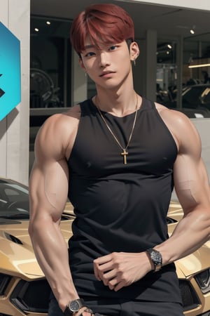 intricate detail, 18 year old, young handsome asian male wearing black tanktop, kpop,ikemen, blue eyes, handsome, earrings, gold necklace, luxuary golden omega watch,  red hair, muscle, physique, fitness model, wealthy, in front of glittering blue color supercar