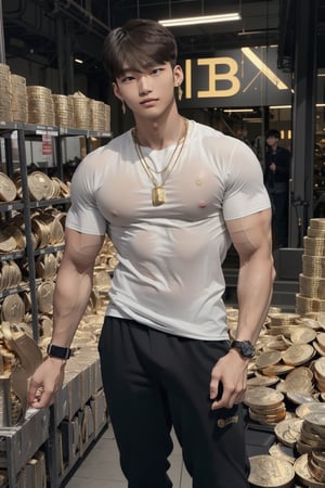 intricate detail, 18 year old, young handsome asian male wearing black tanktop,  kpop,ikemen, blue eyes, handsome, earrings, gold necklace, luxuary golden omega watch,  blond hair, big muscle, physique, fitness model, wealthy, billionair,  standing, in front of thousands of gold coins of bitcoin, 