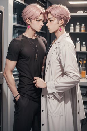 gay male relationship,male face,ikemen, kpop,ikemen, kpop,ikemen, handsome, black t-shirt, necklace, earrings, pink blond hair, white coat, mad scientist, lab