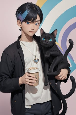 masterpiece, top quality, intricate detail, a young asian hansome male, 18 year old, short fashionable beautiful rainbow color hair, blue eyes, necklace, earrings, slim muscle, smooth skin, realistic skin, with holding a black cat, holding a paper coffee cup with pink heart logo, valentine's day