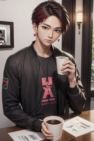 intricate detail, male face,ikemen, kpop, holding a paper coffee cup with heart logos, green eyes, handsome, earrings, glittering wine red color hair with stylish hair style, selfie, stylish, black jacket and white T-shirt with vivid color design art, earrings, young handsome asian male, vivid color, infront of mirror, realistic skin color, realistic right reflection