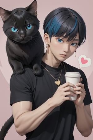 masterpiece, top quality, intricate detail, a young asian hansome male, 18 year old, short fashionable beautiful rainbow color hair, blue eyes, necklace, earrings, slim muscle, smooth skin, realistic skin, with holding a black cat, holding a paper coffee cup with pink heart logo, valentine's day