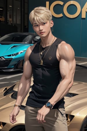 intricate detail, 18 year old, young handsome asian male wearing black tanktop, kpop,ikemen, blue eyes, handsome, earrings, gold necklace, luxuary golden omega watch,  blond hair, big muscle, physique, fitness model, wealthy, in front of glittering blue color supercar