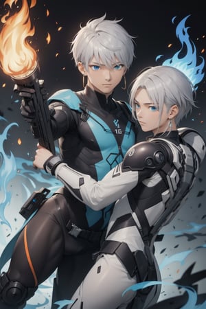 intricate detail, two young Japansehandsome males with combat suits and holding guns, fighting, blue eyes, handsome, earrings, silver hair, earrings, big blue flame, big orange flame, 