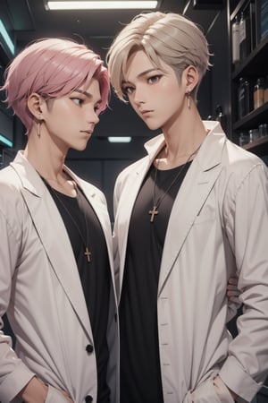 gay male relationship,male face,ikemen, kpop,ikemen, kpop,ikemen, handsome, black t-shirt, necklace, earrings, pink blond hair, white coat, mad scientist, lab