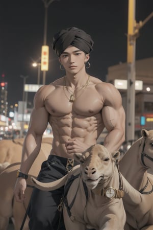 intricate detail, 18 year old, young handsome asian male wearing black tanktop,  kpop,ikemen, blue eyes, handsome, earrings, gold necklace, luxuary golden omega watch,  blond hair, big muscle, physique, fitness model, wealthy, billionair,  shirtless, turban, riding a camel,   dubai night background