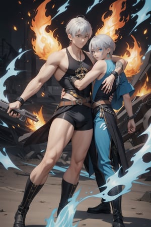 intricate detail, two young Japansehandsome males with black lether half tanktop and speedos, boots, chains,  holding guns, fighting, blue eyes, handsome, earrings, silver hair, earrings, big blue flame, big orange flame, 