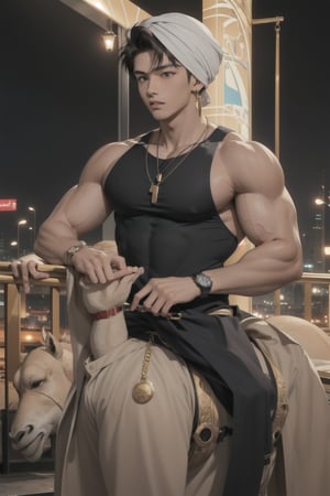intricate detail, 18 year old, young handsome asian male wearing black tanktop,  kpop,ikemen, blue eyes, handsome, earrings, gold necklace, luxuary golden omega watch,  blond hair, big muscle, physique, fitness model, wealthy, billionair,  shirtless, turban, riding a camel,   dubai night background