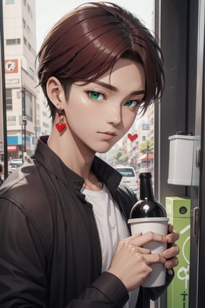 intricate detail, male face,ikemen, kpop, holding a paper coffee cup with heart logos, green eyes, handsome, earrings, glittering wine red color hair with stylish hair style, selfie, stylish, black jacket and white T-shirt with vivid color design art, earrings, young handsome asian male, vivid color, infront of mirror, realistic skin color, realistic right reflection