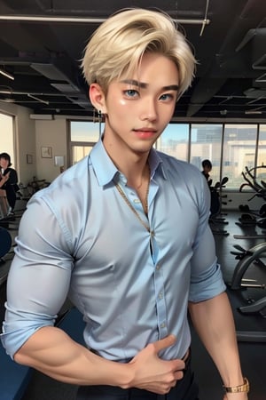  handsome asian boy, 18 year old, kpop,ikemen, dancing, school uniform,  blue eyes, handsome, earrings, gold necklace,  blond hair, slim muscle, physique, fitness model,  close up,ikemen, handsome asian male, kpop,young ikemen, sharp dancing, 
