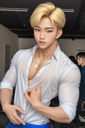  handsome asian boy, 18 year old, kpop,ikemen, dancing, school uniform,  blue eyes, handsome, earrings, gold necklace,  blond hair, slim muscle, physique, fitness model,  close up,ikemen, handsome asian male, kpop,young ikemen, sharp dancing, 
