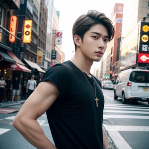 masterpiece, realistic, top quality, super cool young asian super handsome male with short blond hair, from side, kpop idol, music video, Instagram, stylish and fashionable clothes, necklace, black t shirt, nyc background, cool atmosphere, good lighting and reflexion, realistic skin, 