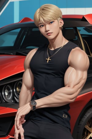 intricate detail, 18 year old, young handsome asian male wearing black tanktop, kpop,ikemen, blue eyes, handsome, earrings, gold necklace, luxuary golden omega watch,  blond hair, big muscle, physique, fitness model, wealthy, in front of glittering blue color supercar