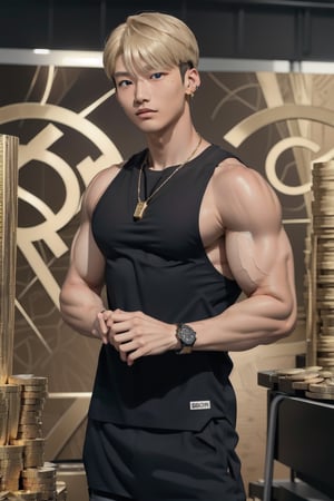 intricate detail, 18 year old, young handsome asian male wearing black tanktop,  kpop,ikemen, blue eyes, handsome, earrings, gold necklace, luxuary golden omega watch,  blond hair, big muscle, physique, fitness model, wealthy, billionair,  standing, in front of thousands of gold coins of bitcoin, doing lecture