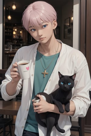 masterpiece, top quality, intricate detail, a young asian hansome male, 18 year old, short fashionable beautiful rainbow color hair, blue eyes, necklace, earrings, slim muscle, smooth skin, realistic skin, with holding a black cat, holding a paper coffee cup with pink heart logo, valentine's day