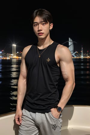 intricate detail, 18 year old, young handsome asian male wearing black tanktop,  kpop,ikemen, blue eyes, handsome, earrings, gold necklace, luxuary golden omega watch,  blond hair, big muscle, physique, fitness model, wealthy, billionair,  standing,  luxuary yacht,  dubai night background