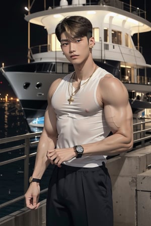 intricate detail, 18 year old, young handsome asian male wearing black tanktop,  kpop,ikemen, blue eyes, handsome, earrings, gold necklace, luxuary golden omega watch,  blond hair, big muscle, physique, fitness model, wealthy, billionair,  standing, in front of luxuary yacht,  dubai night background