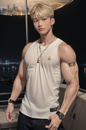 intricate detail, 18 year old, young handsome asian male wearing black tanktop,  kpop,ikemen, blue eyes, handsome, earrings, gold necklace, luxuary golden omega watch,  blond hair, big muscle, physique, fitness model, wealthy, billionair,  standing, in front of private yatch, dubai night background