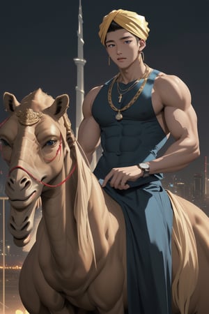 intricate detail, 18 year old, young handsome asian male wearing blue gorgeous underware with jewels,  kpop,ikemen, blue eyes, handsome, earrings, gold necklace, luxuary golden omega watch,  blond hair, big muscle, physique, fitness model, wealthy, billionair,  shirtless, turban, riding a camel,   dubai night background