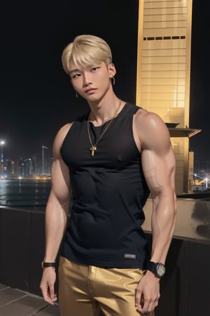 intricate detail, 18 year old, young handsome asian male wearing black tanktop,  kpop,ikemen, blue eyes, handsome, earrings, gold necklace, luxuary golden omega watch,  blond hair, big muscle, physique, fitness model, wealthy, billionair,  standing, in front of luxuary yatch,  dubai night background