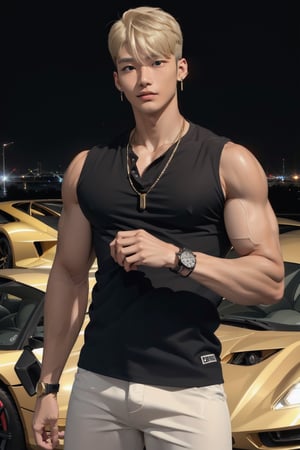 intricate detail, 18 year old, young handsome asian male wearing black tanktop,  kpop,ikemen, blue eyes, handsome, earrings, gold necklace, luxuary golden omega watch,  blond hair, big muscle, physique, fitness model, wealthy, billionair,  standing, in front of glittering supercar,  dubai night background