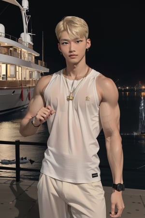 intricate detail, 18 year old, young handsome asian male wearing black tanktop,  kpop,ikemen, blue eyes, handsome, earrings, gold necklace, luxuary golden omega watch,  blond hair, big muscle, physique, fitness model, wealthy, billionair,  standing, in front of luxuary yacht,  dubai night background