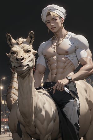 intricate detail, 18 year old, young handsome asian male wearing blue gorgeous underware with jewels,  kpop,ikemen, blue eyes, handsome, earrings, gold necklace, luxuary golden omega watch,  blond hair, big muscle, physique, fitness model, wealthy, billionair,  shirtless, turban, riding a camel,   dubai night background