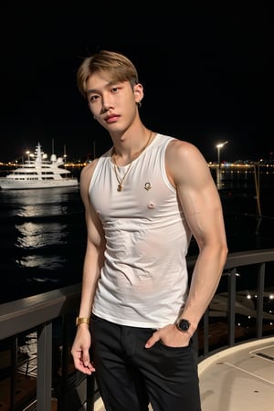 intricate detail, 18 year old, young handsome asian male wearing black tanktop,  kpop,ikemen, blue eyes, handsome, earrings, gold necklace, luxuary golden omega watch,  blond hair, big muscle, physique, fitness model, wealthy, billionair,  standing,  luxuary yacht,  dubai night background