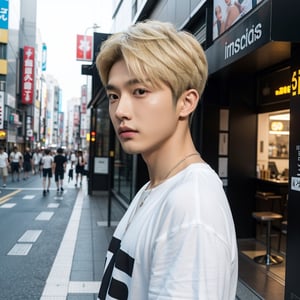 masterpiece, realistic, top quality, super cool young asian super handsome male with short blond hair, from side, kpop idol, music video, Instagram, stylish and fashionable clothes, necklace, black t shirt, tokyo background, ginza, cool atmosphere, good lighting and reflexion, realistic skin, 